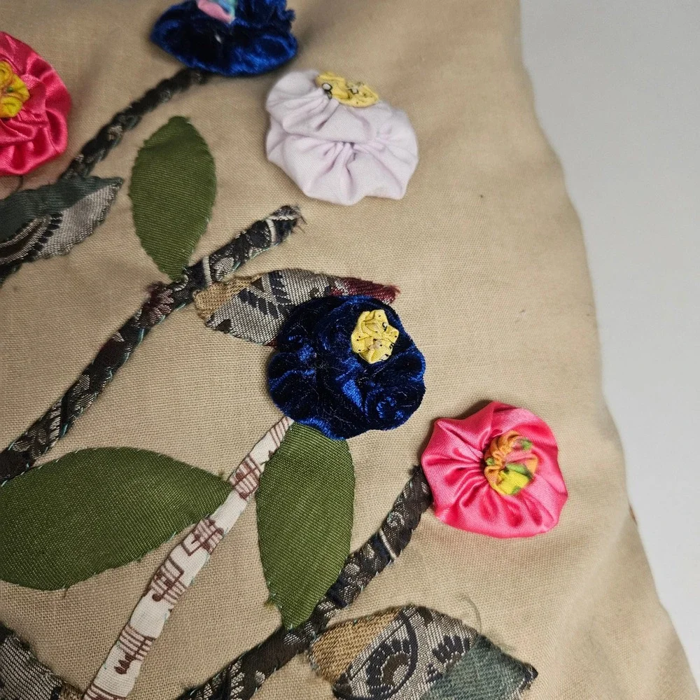 Vtg Handmade Floral Applique Throw‎ Pillow 3D Velvet Satin Flowers Cottagecore